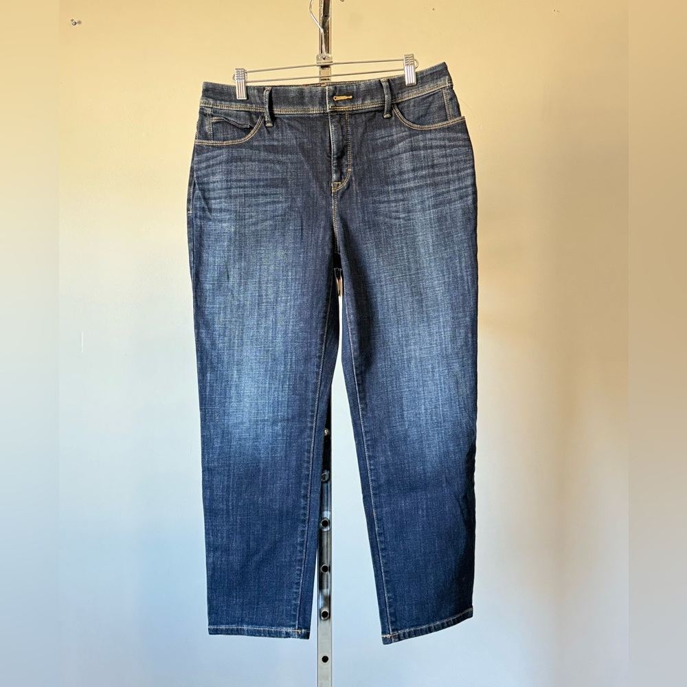 Chico's..Dark Blue Straight Leg Jeans Crop with five pockets. SIZE:1